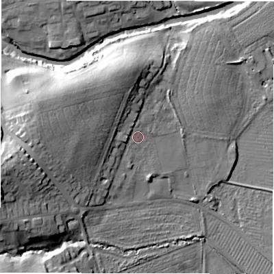 Shaded relief map of the ground around NE663PU, computed from Environment Agency LiDAR. The ground here sits at about 10 m above sea level and falls 30 m across the surrounding 800 m. Surface water reaching this point runs off ground lying to the west, 14.6 m higher.
