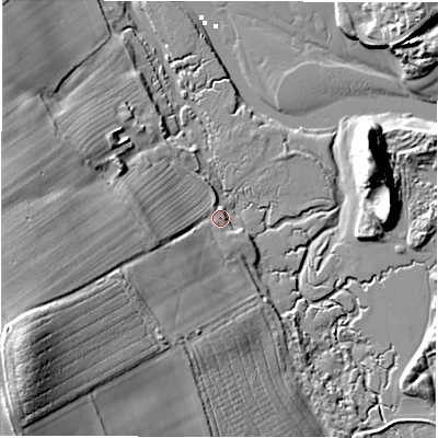 Shaded relief map of the ground around NE663QL, computed from Environment Agency LiDAR. The ground here sits at about 4 m above sea level and falls 37 m across the surrounding 800 m. Surface water reaching this point runs off ground lying to the west-south-west, 33.4 m higher.