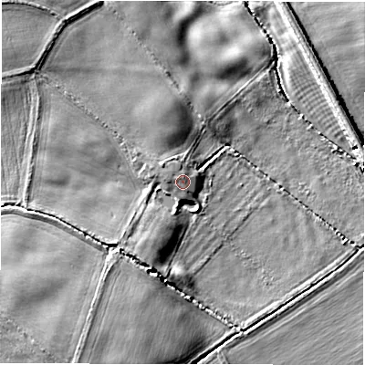 Shaded relief map of the ground around NE663RL, computed from Environment Agency LiDAR. The ground here sits at about 58 m above sea level and falls 9 m across the surrounding 800 m. Surface water reaching this point runs off ground lying to the north-west, 1.1 m higher.