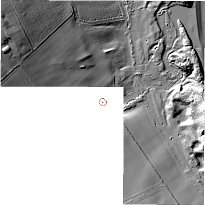 Shaded relief map of the ground around NE663XQ, computed from Environment Agency LiDAR. and falls 33 m across the surrounding 800 m.