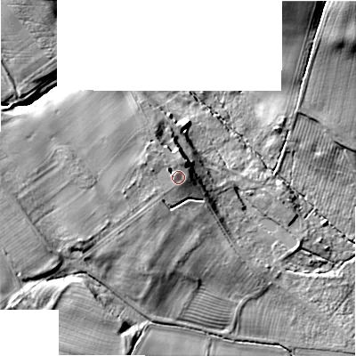 Shaded relief map of the ground around NE664AA, computed from Environment Agency LiDAR. The ground here sits at about 74 m above sea level and falls 24 m across the surrounding 800 m. Surface water reaching this point runs off ground lying to the west-north-west, 2.8 m higher.