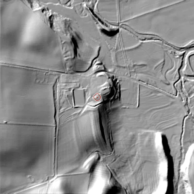 Shaded relief map of the ground around NE664ED, computed from Environment Agency LiDAR. The ground here sits at about 70 m above sea level and falls 39 m across the surrounding 800 m. Surface water reaching this point runs off ground lying to the south-west, 1.5 m higher.