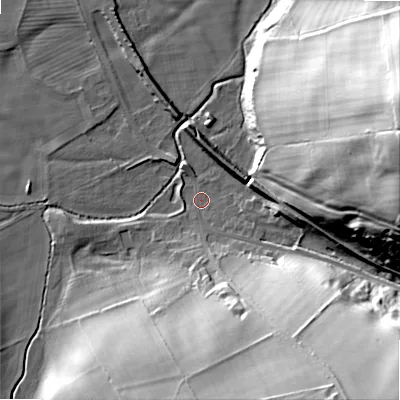 Shaded relief map of the ground around NE664HL, computed from Environment Agency LiDAR. The ground here sits at about 83 m above sea level and falls 56 m across the surrounding 800 m. Surface water reaching this point runs off ground lying to the south-east, 48.6 m higher.