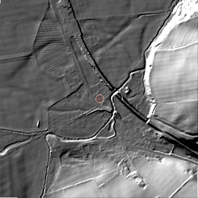 Shaded relief map of the ground around NE664HS, computed from Environment Agency LiDAR. The ground here sits at about 83 m above sea level and falls 41 m across the surrounding 800 m. Surface water reaching this point runs off ground lying to the south-east, 2.3 m higher.