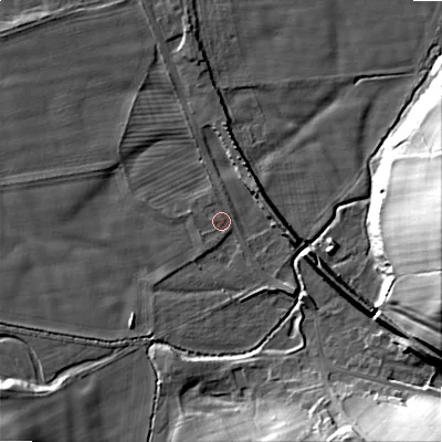 Shaded relief map of the ground around NE664HT, computed from Environment Agency LiDAR. The ground here sits at about 83 m above sea level and falls 28 m across the surrounding 800 m. Surface water reaching this point runs off ground lying to the west, 1.2 m higher.