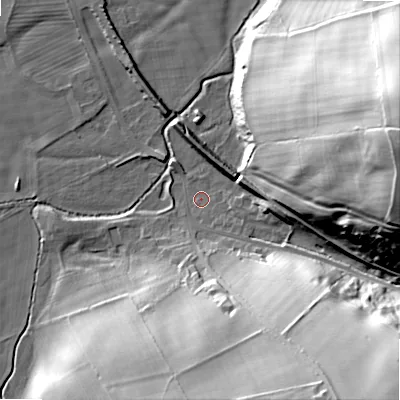 Shaded relief map of the ground around NE664JW, computed from Environment Agency LiDAR. The ground here sits at about 83 m above sea level and falls 59 m across the surrounding 800 m. Surface water reaching this point runs off ground lying to the south-east, 49.5 m higher.