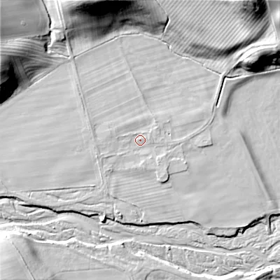 Shaded relief map of the ground around NE664LP, computed from Environment Agency LiDAR. The ground here sits at about 97 m above sea level and falls 35 m across the surrounding 800 m. Surface water reaching this point runs off ground lying to the west-south-west, 2.1 m higher.