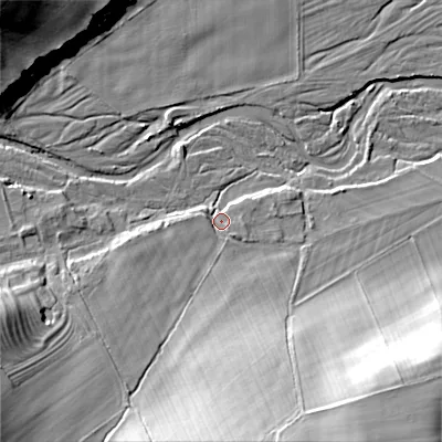 Shaded relief map of the ground around NE664LT, computed from Environment Agency LiDAR. The ground here sits at about 122 m above sea level and falls 35 m across the surrounding 800 m. Surface water reaching this point runs off ground lying to the south, 25.3 m higher.