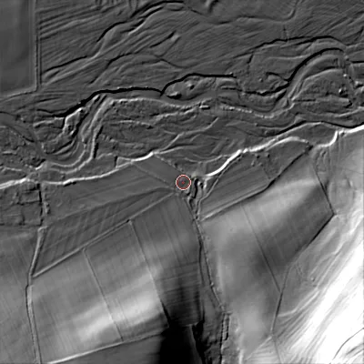 Shaded relief map of the ground around NE664LU, computed from Environment Agency LiDAR. The ground here sits at about 118 m above sea level and falls 80 m across the surrounding 800 m. Surface water reaching this point runs off ground lying to the south-south-west, 29.4 m higher.