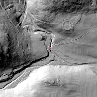 Shaded relief map of the ground around NE664LZ, computed from Environment Agency LiDAR. The ground here sits at about 227 m above sea level and falls 127 m across the surrounding 800 m. Surface water reaching this point runs off ground lying to the west, 117.3 m higher.