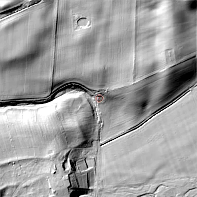 Shaded relief map of the ground around NE664PL, computed from Environment Agency LiDAR. The ground here sits at about 80 m above sea level and falls 33 m across the surrounding 800 m. Surface water reaching this point runs off ground lying to the north-north-west, 10.0 m higher.