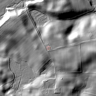 Shaded relief map of the ground around NE664PS, computed from Environment Agency LiDAR. The ground here sits at about 96 m above sea level and falls 34 m across the surrounding 800 m. Surface water reaching this point runs off ground lying to the south-south-west, 5.8 m higher.