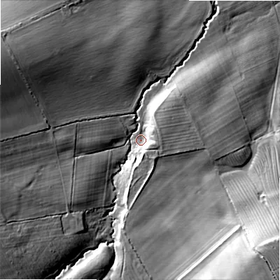 Shaded relief map of the ground around NE664RL, computed from Environment Agency LiDAR. The ground here sits at about 64 m above sea level and falls 27 m across the surrounding 800 m. Surface water reaching this point runs off ground lying to the south-west, 14.5 m higher.