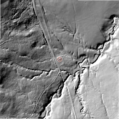 Shaded relief map of the ground around NE664SQ, computed from Environment Agency LiDAR. The ground here sits at about 103 m above sea level and falls 52 m across the surrounding 800 m. Surface water reaching this point runs off ground lying to the west-south-west, 2.2 m higher.