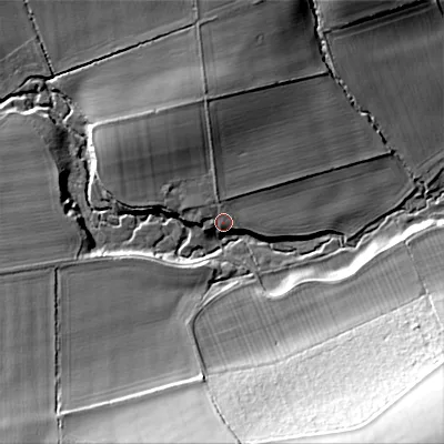 Shaded relief map of the ground around NE664UU, computed from Environment Agency LiDAR. The ground here sits at about 96 m above sea level and falls 39 m across the surrounding 800 m. Surface water reaching this point runs off ground lying to the north, 9.5 m higher.