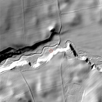 Shaded relief map of the ground around NE664XX, computed from Environment Agency LiDAR. The ground here sits at about 98 m above sea level and falls 71 m across the surrounding 800 m. Surface water reaching this point runs off ground lying to the south-west, 49.8 m higher.