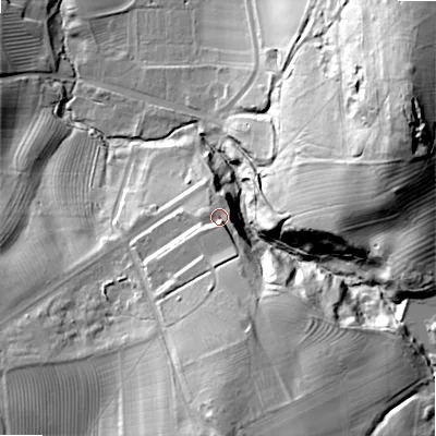 Shaded relief map of the ground around NE665NJ, computed from Environment Agency LiDAR. The ground here sits at about 83 m above sea level and falls 64 m across the surrounding 800 m. Surface water reaching this point runs off ground lying to the south, 9.6 m higher.
