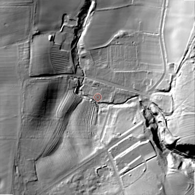 Shaded relief map of the ground around NE665NN, computed from Environment Agency LiDAR. The ground here sits at about 65 m above sea level and falls 42 m across the surrounding 800 m. Surface water reaching this point runs off ground lying to the south-south-east, 37.2 m higher.