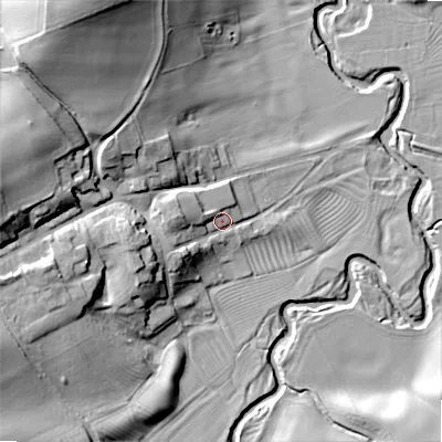 Shaded relief map of the ground around NE665PX, computed from Environment Agency LiDAR. The ground here sits at about 50 m above sea level and falls 34 m across the surrounding 800 m. Surface water reaching this point runs off ground lying to the west-south-west, 11.5 m higher.