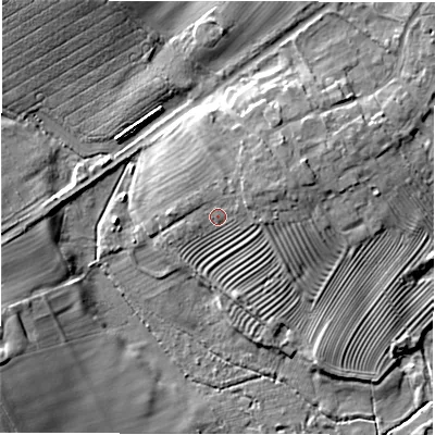 Shaded relief map of the ground around NE675AG, computed from Environment Agency LiDAR. The ground here sits at about 8 m above sea level and falls 13 m across the surrounding 800 m. Surface water reaching this point runs off ground lying to the east-north-east, 2.7 m higher.