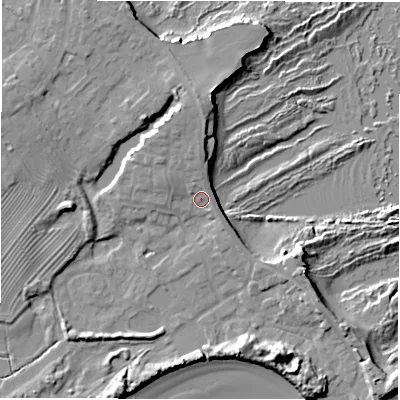 Shaded relief map of the ground around NE675BE, computed from Environment Agency LiDAR. The ground here sits at about 6 m above sea level and falls 14 m across the surrounding 800 m. Surface water reaching this point runs off ground lying to the north, 2.4 m higher.