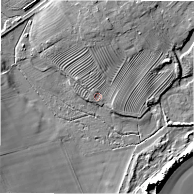 Shaded relief map of the ground around NE675BF, computed from Environment Agency LiDAR. The ground here sits at about 5 m above sea level and falls 14 m across the surrounding 800 m. Surface water reaching this point runs off ground lying to the north, 6.1 m higher.