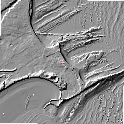 Shaded relief map of the ground around NE675BH, computed from Environment Agency LiDAR. The ground here sits at about 7 m above sea level and falls 15 m across the surrounding 800 m. Surface water reaching this point runs off ground lying to the east-south-east, 2.3 m higher.