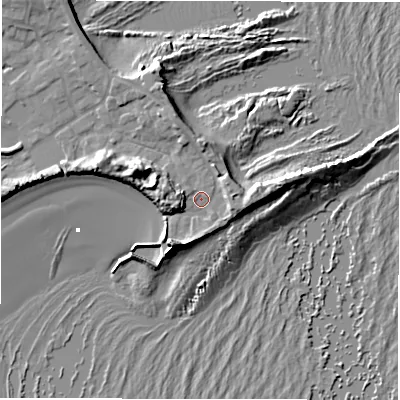 Shaded relief map of the ground around NE675BJ, computed from Environment Agency LiDAR. The ground here sits at about 4 m above sea level and falls 15 m across the surrounding 800 m. Surface water reaching this point runs off ground lying to the east, 4.1 m higher.