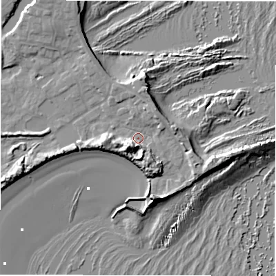 Shaded relief map of the ground around NE675BL, computed from Environment Agency LiDAR. The ground here sits at about 4 m above sea level and falls 15 m across the surrounding 800 m. Surface water reaching this point runs off ground lying to the south-west, 8.2 m higher.