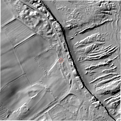 Shaded relief map of the ground around NE675BN, computed from Environment Agency LiDAR. The ground here sits at about 7 m above sea level and falls 15 m across the surrounding 800 m. Surface water reaching this point runs off ground lying to the north-north-west, 6.1 m higher.