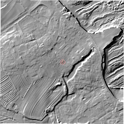 Shaded relief map of the ground around NE675BP, computed from Environment Agency LiDAR. The ground here sits at about 6 m above sea level and falls 13 m across the surrounding 800 m. Surface water reaching this point runs off ground lying to the west-north-west, 2.4 m higher.