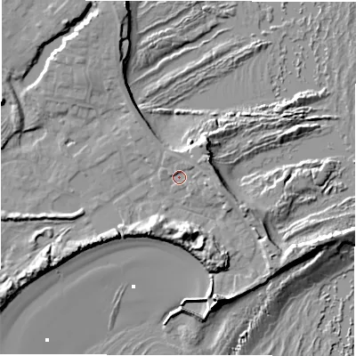 Shaded relief map of the ground around NE675BQ, computed from Environment Agency LiDAR. The ground here sits at about 5 m above sea level and falls 15 m across the surrounding 800 m. Surface water reaching this point runs off ground lying to the east-north-east, 2.8 m higher.