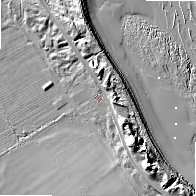 Shaded relief map of the ground around NE675BT, computed from Environment Agency LiDAR. The ground here sits at about 5 m above sea level and falls 22 m across the surrounding 800 m. Surface water reaching this point runs off ground lying to the south-east, 14.4 m higher.
