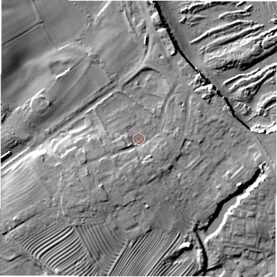 Shaded relief map of the ground around NE675BX, computed from Environment Agency LiDAR. The ground here sits at about 7 m above sea level and falls 13 m across the surrounding 800 m. Surface water reaching this point runs off ground lying to the south-west, 4.2 m higher.