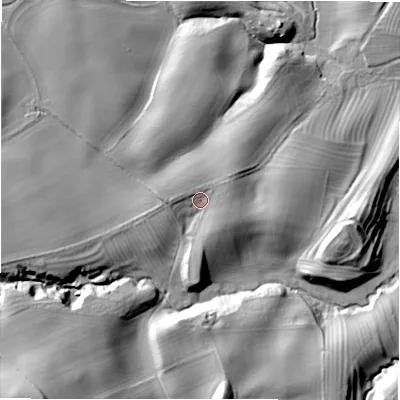 Shaded relief map of the ground around NE675DS, computed from Environment Agency LiDAR. The ground here sits at about 66 m above sea level and falls 42 m across the surrounding 800 m. Surface water reaching this point runs off ground lying to the east-south-east, 3.3 m higher.