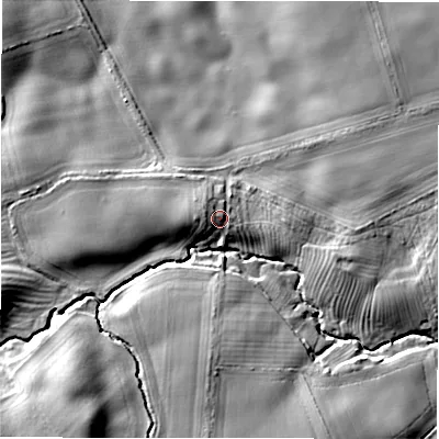 Shaded relief map of the ground around NE675ED, computed from Environment Agency LiDAR. The ground here sits at about 42 m above sea level and falls 19 m across the surrounding 800 m. Surface water reaching this point runs off ground lying to the west-north-west, 3.4 m higher.