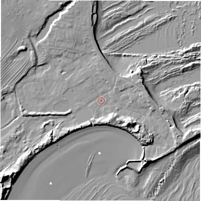 Shaded relief map of the ground around NE675EE, computed from Environment Agency LiDAR. The ground here sits at about 4 m above sea level and falls 17 m across the surrounding 800 m. Surface water reaching this point runs off ground lying to the south-east, 8.6 m higher.