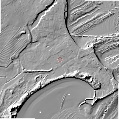Shaded relief map of the ground around NE675EH, computed from Environment Agency LiDAR. The ground here sits at about 4 m above sea level and falls 17 m across the surrounding 800 m. Surface water reaching this point runs off ground lying to the south-west, 11.4 m higher.