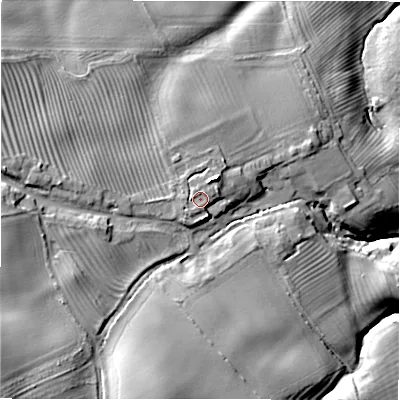 Shaded relief map of the ground around NE675EQ, computed from Environment Agency LiDAR. The ground here sits at about 66 m above sea level and falls 41 m across the surrounding 800 m. Surface water reaching this point runs off ground lying to the north-east, 4.8 m higher.