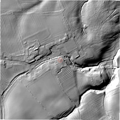 Shaded relief map of the ground around NE675EX, computed from Environment Agency LiDAR. The ground here sits at about 62 m above sea level and falls 40 m across the surrounding 800 m. Surface water reaching this point runs off ground lying to the south-west, 16.3 m higher.