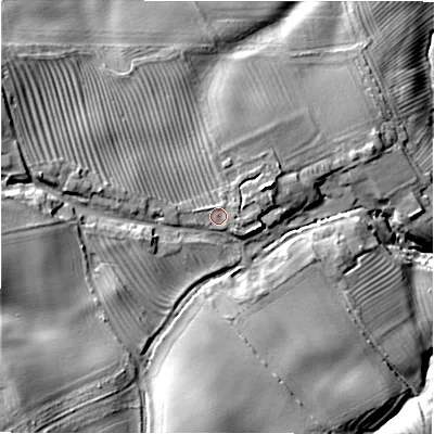 Shaded relief map of the ground around NE675EZ, computed from Environment Agency LiDAR. The ground here sits at about 66 m above sea level and falls 38 m across the surrounding 800 m. Surface water reaching this point runs off ground lying to the east-north-east, 1.3 m higher.