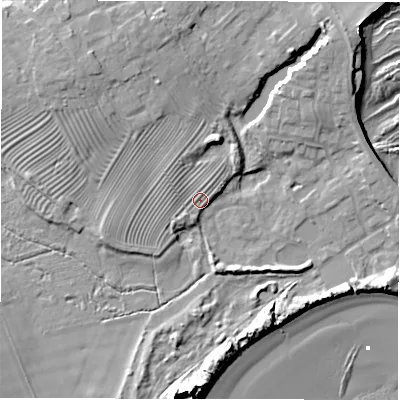 Shaded relief map of the ground around NE675FB, computed from Environment Agency LiDAR. The ground here sits at about 5 m above sea level and falls 16 m across the surrounding 800 m. Surface water reaching this point runs off ground lying to the north-north-east, 1.7 m higher.