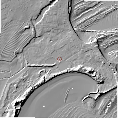 Shaded relief map of the ground around NE675FD, computed from Environment Agency LiDAR. The ground here sits at about 3 m above sea level and falls 17 m across the surrounding 800 m. Surface water reaching this point runs off ground lying to the south-west, 11.4 m higher.
