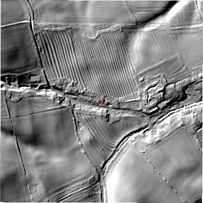 Shaded relief map of the ground around NE675HA, computed from Environment Agency LiDAR. The ground here sits at about 69 m above sea level and falls 37 m across the surrounding 800 m. Surface water reaching this point runs off ground lying to the west, 17.6 m higher.