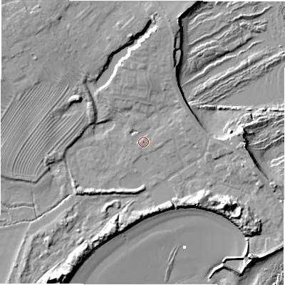 Shaded relief map of the ground around NE675JE, computed from Environment Agency LiDAR. The ground here sits at about 4 m above sea level and falls 17 m across the surrounding 800 m. Surface water reaching this point runs off ground lying to the east-north-east, 1.3 m higher.