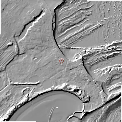 Shaded relief map of the ground around NE675JQ, computed from Environment Agency LiDAR. The ground here sits at about 5 m above sea level and falls 17 m across the surrounding 800 m. Surface water reaching this point runs off ground lying to the north, 1.2 m higher.