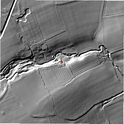 Shaded relief map of the ground around NE675JS, computed from Environment Agency LiDAR. The ground here sits at about 24 m above sea level and falls 15 m across the surrounding 800 m. Surface water reaching this point runs off ground lying to the south, 7.0 m higher.