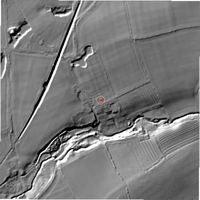 Shaded relief map of the ground around NE675JT, computed from Environment Agency LiDAR. The ground here sits at about 28 m above sea level and falls 15 m across the surrounding 800 m. Surface water reaching this point runs off ground lying to the north-west, 3.4 m higher.