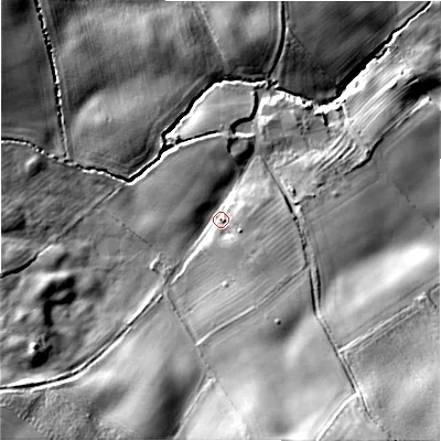 Shaded relief map of the ground around NE675LH, computed from Environment Agency LiDAR. The ground here sits at about 79 m above sea level and falls 38 m across the surrounding 800 m. Surface water reaching this point runs off ground lying to the south, 14.3 m higher.