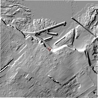 Shaded relief map of the ground around NE687RL, computed from Environment Agency LiDAR. The ground here sits at about 7 m above sea level and falls 22 m across the surrounding 800 m. Surface water reaching this point runs off ground lying to the south, 15.1 m higher.